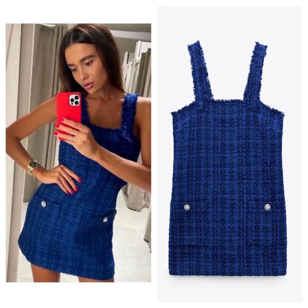 Zara Blue Tweed Dress Textured Pinafore Mini Dress Size XS NWT New With Tags